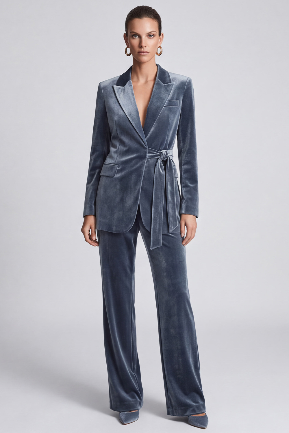 Velvet Dusty Blue Peak Lapel Long Sleeves Blazer Business Suits with Sash