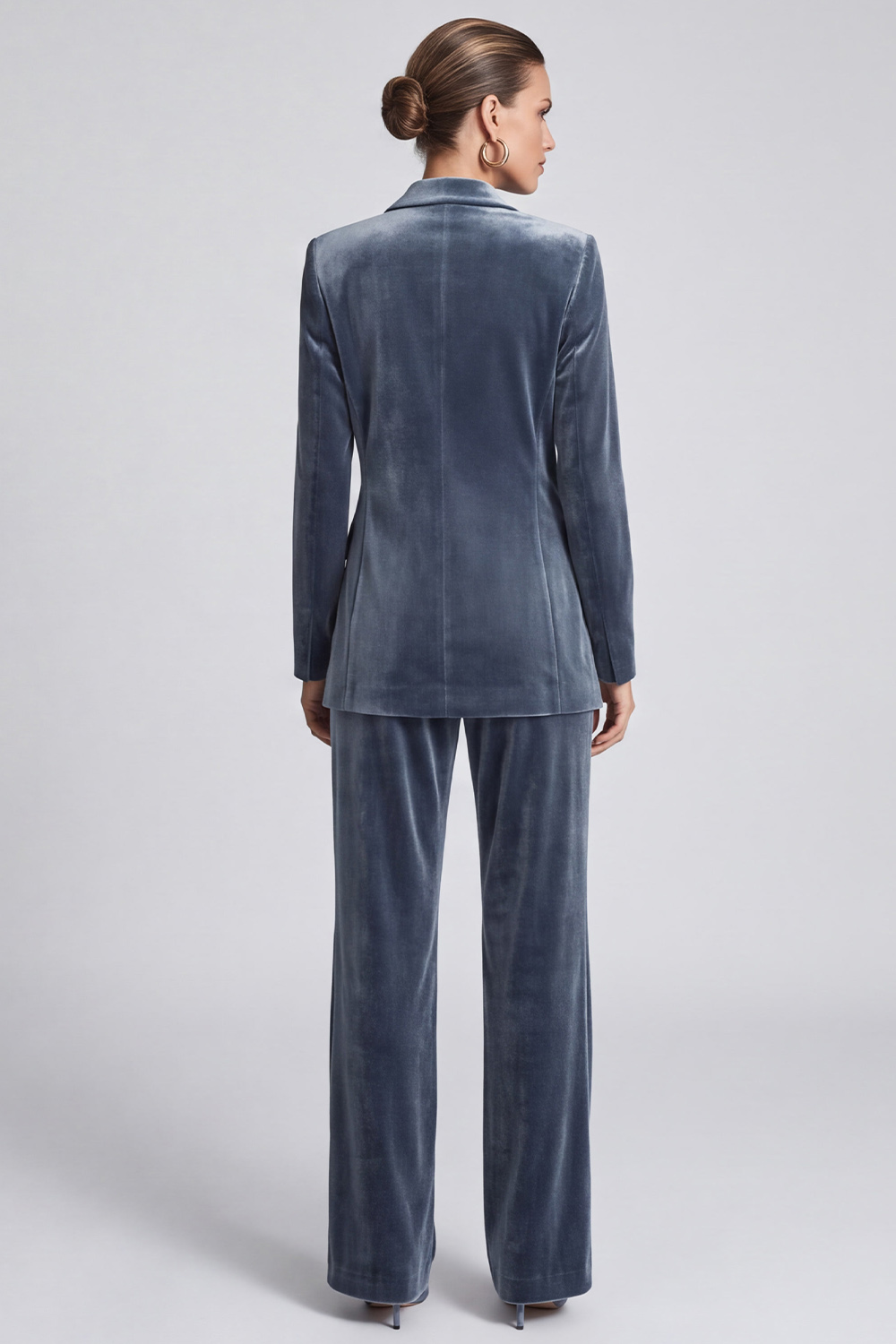 Velvet Dusty Blue Peak Lapel Long Sleeves Blazer Business Suits with Sash