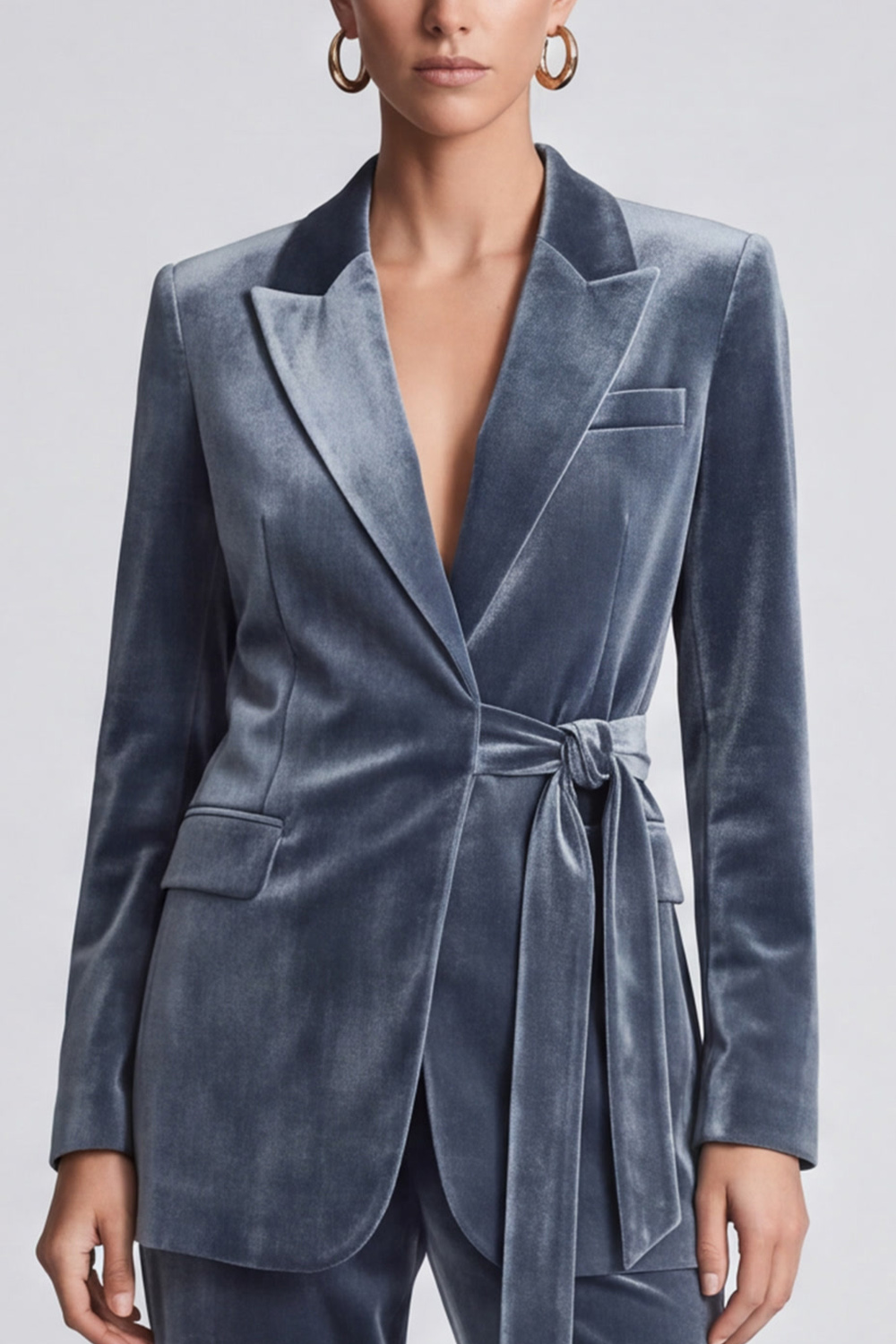 Velvet Dusty Blue Peak Lapel Long Sleeves Blazer Business Suits with Sash