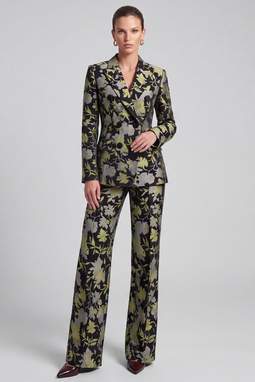 Black Yellow Flower Peak Lapel Long Sleeves Blazer Prom Suits