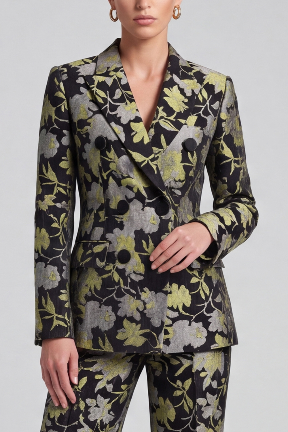 Black Yellow Flower Peak Lapel Long Sleeves Blazer Prom Suits