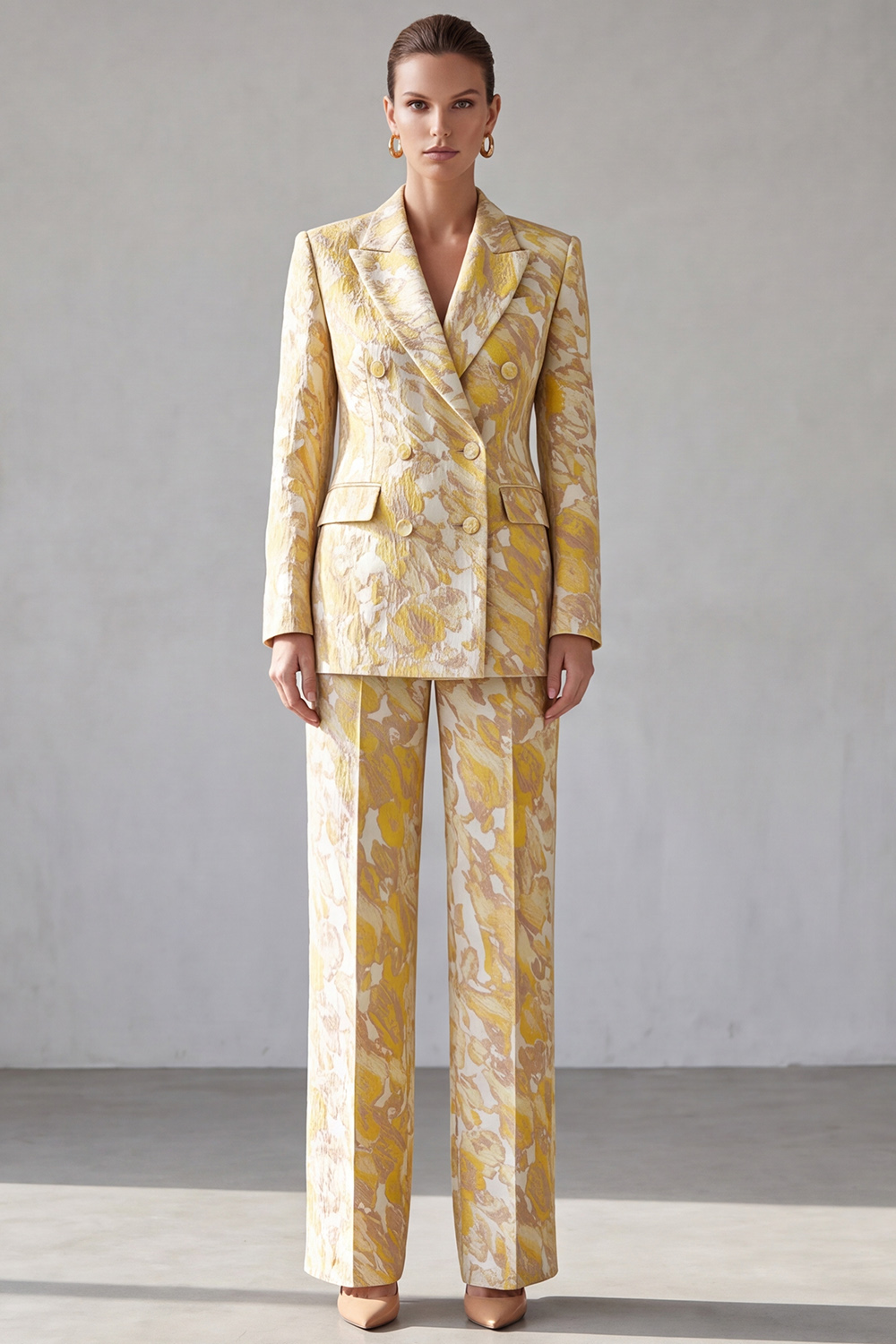 Yellow Printed Peak Lapel Long Sleeves Prom Suits