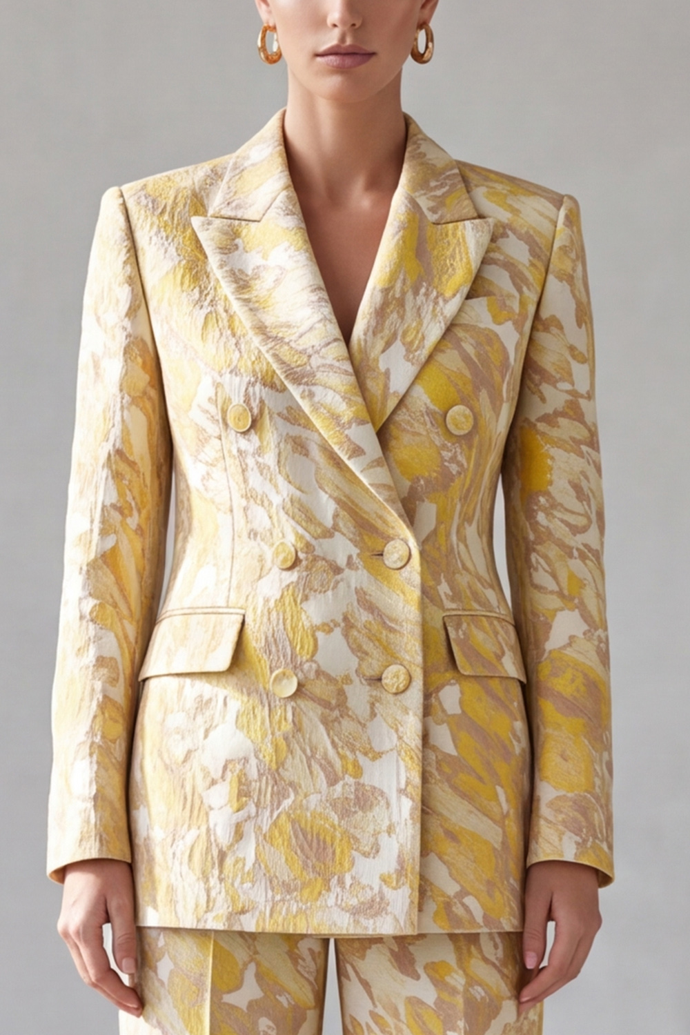 Yellow Printed Peak Lapel Long Sleeves Prom Suits