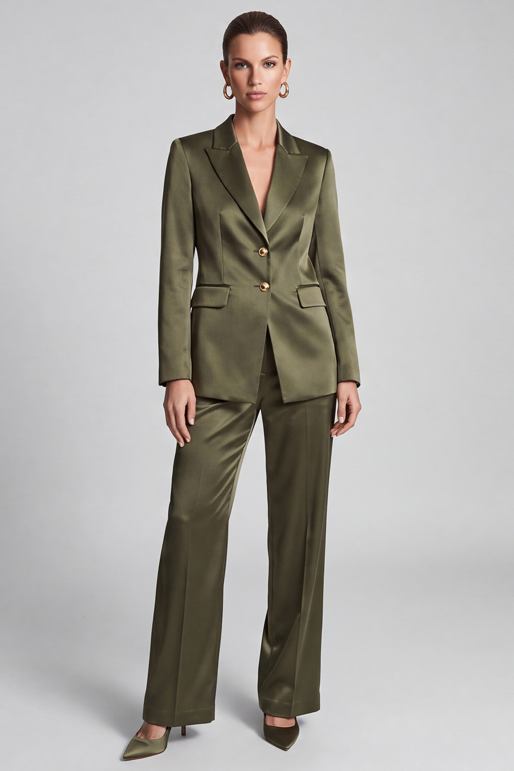 Olive Satin Peak Lapel Single Breasted Blazer Business Suits