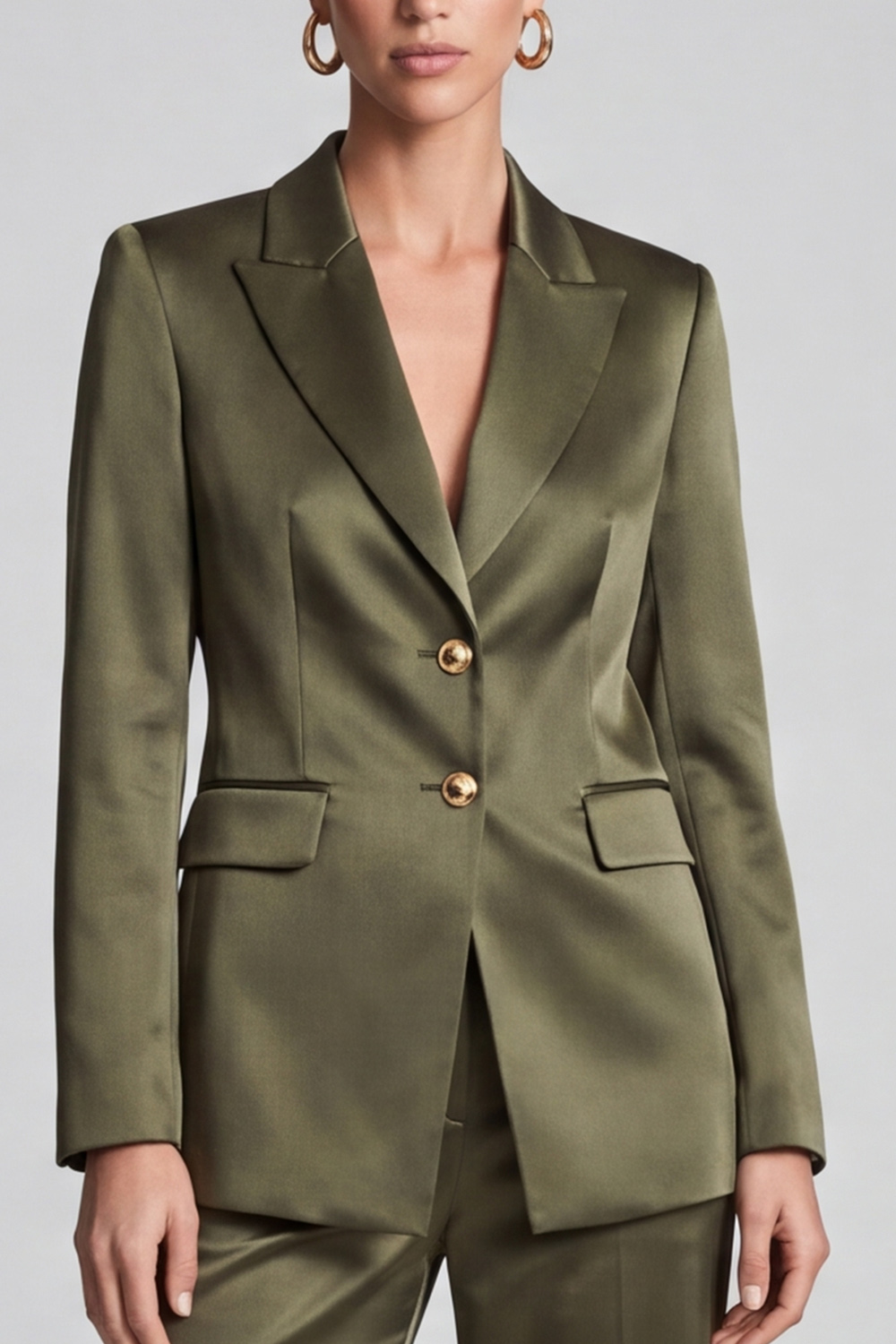 Olive Satin Peak Lapel Single Breasted Blazer Business Suits