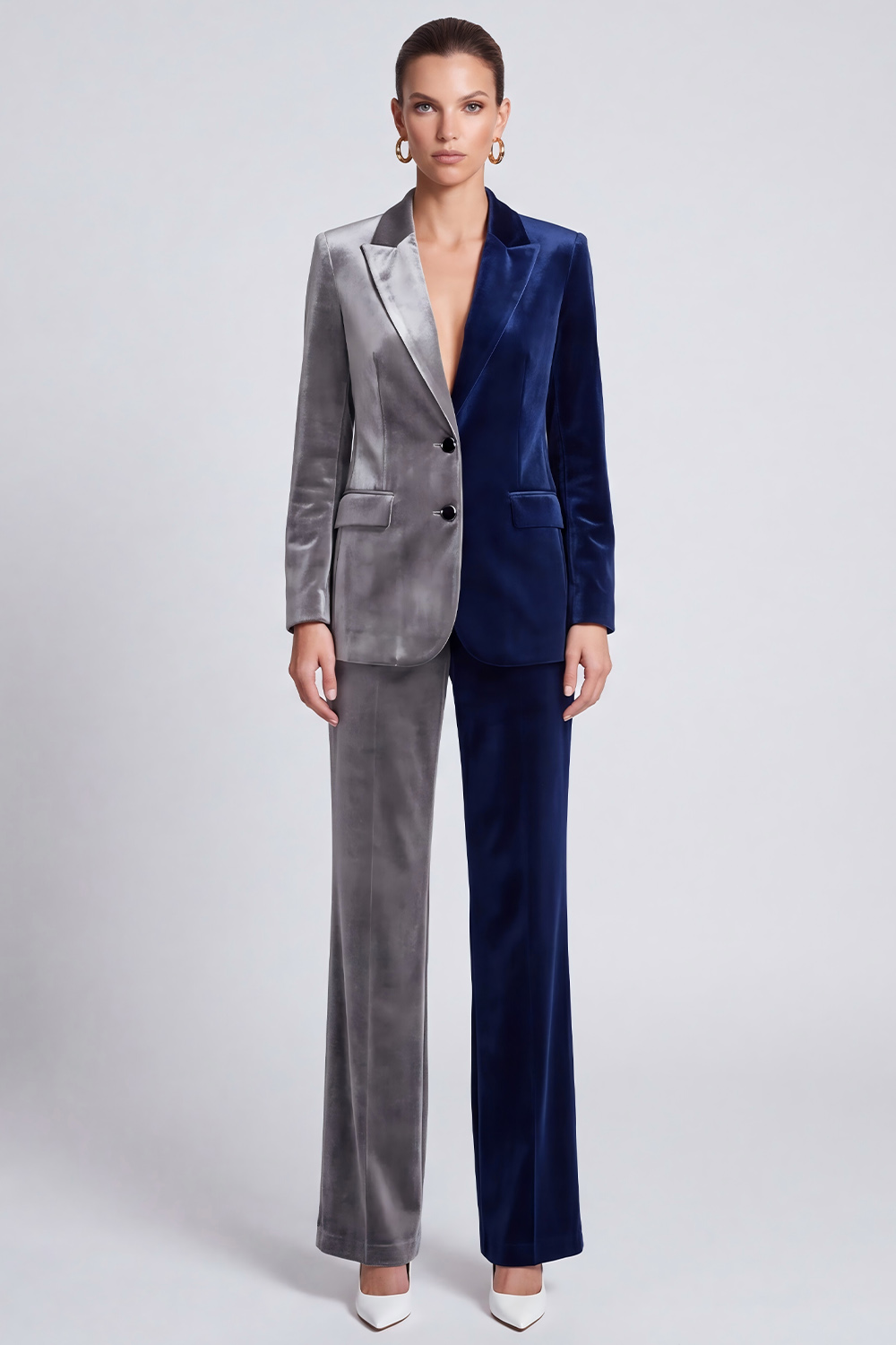 Velvet Navy and Grey Peak Lapel Long Sleeves Blazer Business Suits
