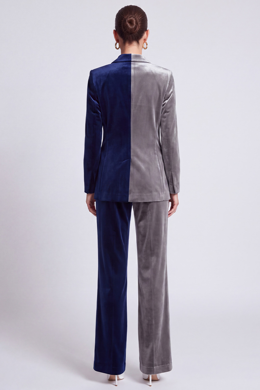 Velvet Navy and Grey Peak Lapel Long Sleeves Blazer Business Suits