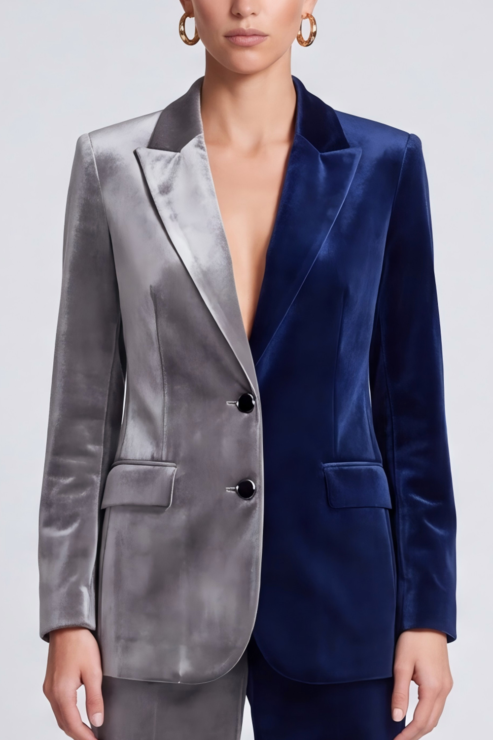 Velvet Navy and Grey Peak Lapel Long Sleeves Blazer Business Suits