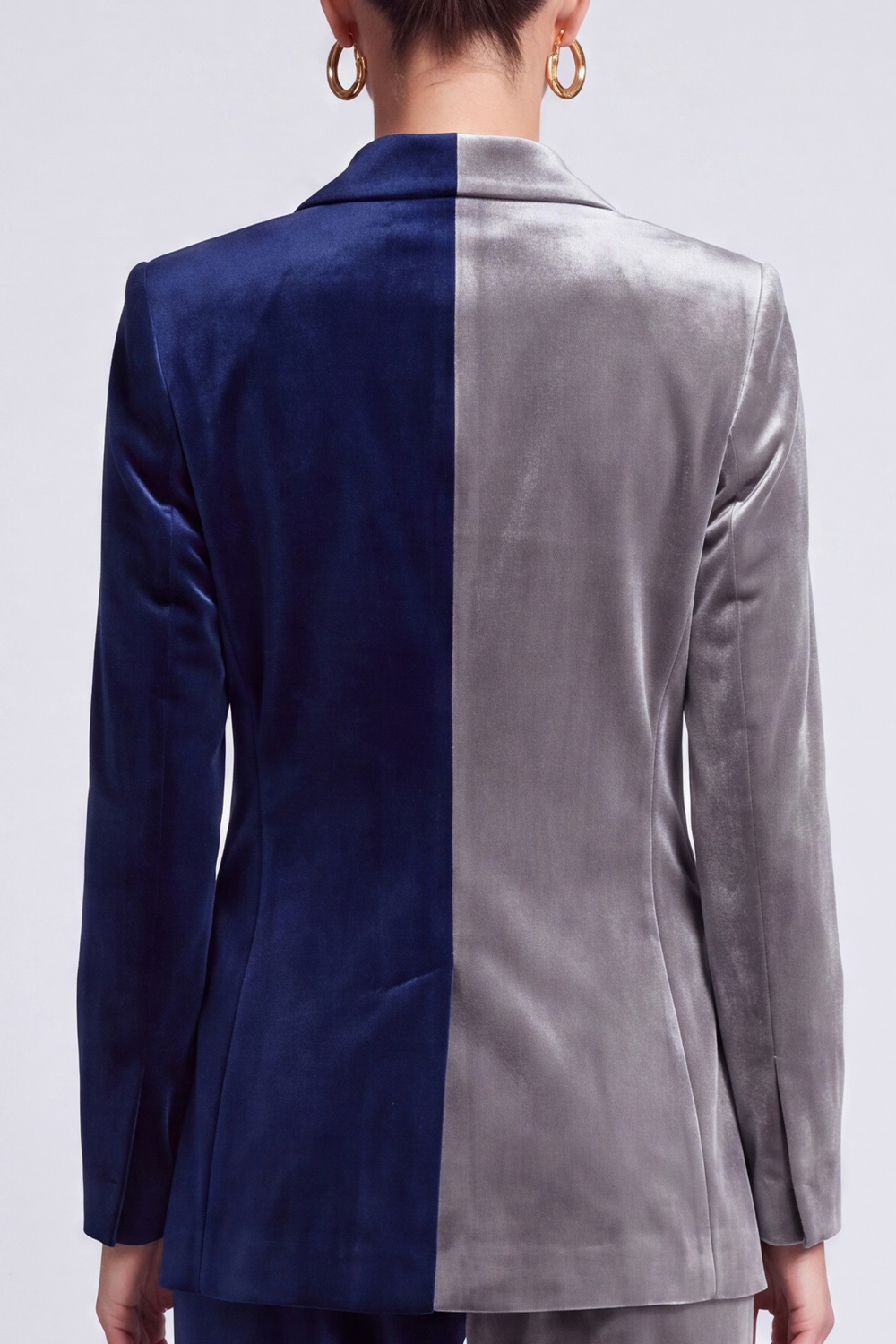 Velvet Navy and Grey Peak Lapel Long Sleeves Blazer Business Suits