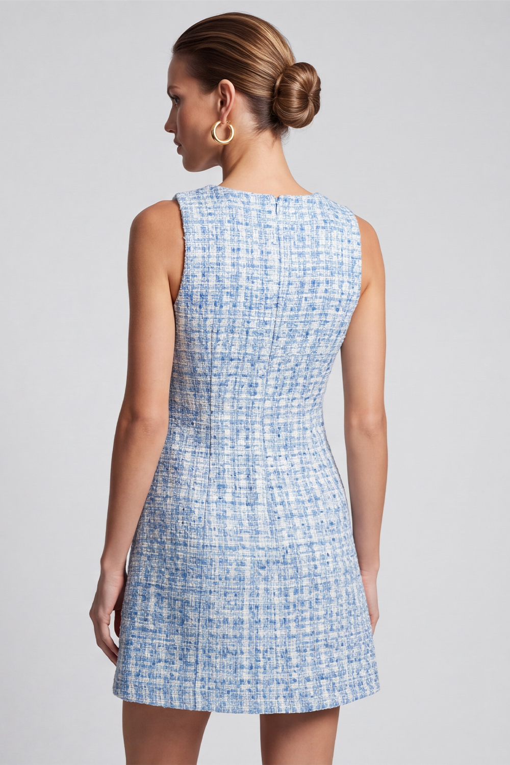 A Line Light Blue Tweed Square Neck Sleeveless Short Homecoming Outfits with Pockets