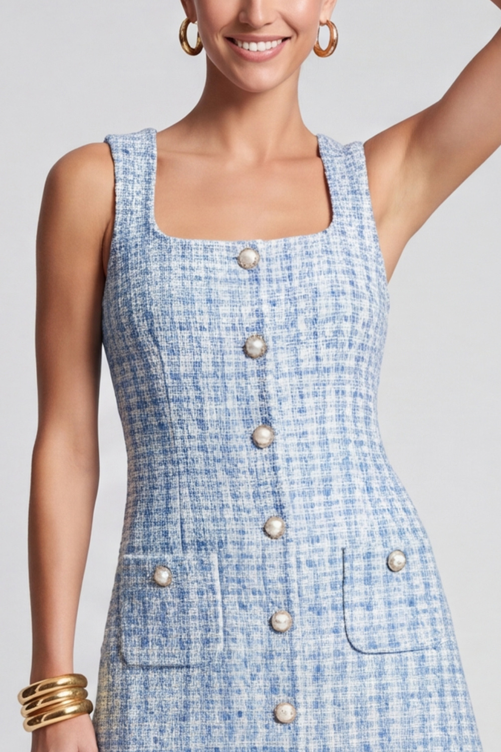 A Line Light Blue Tweed Square Neck Sleeveless Short Homecoming Outfits with Pockets