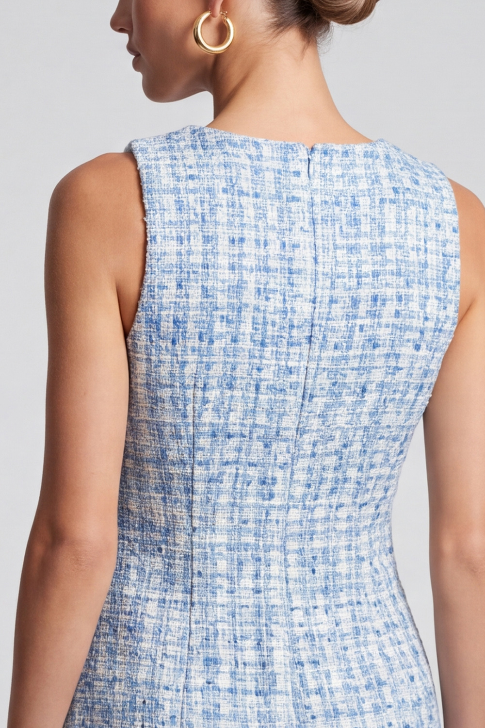 A Line Light Blue Tweed Square Neck Sleeveless Short Homecoming Outfits with Pockets