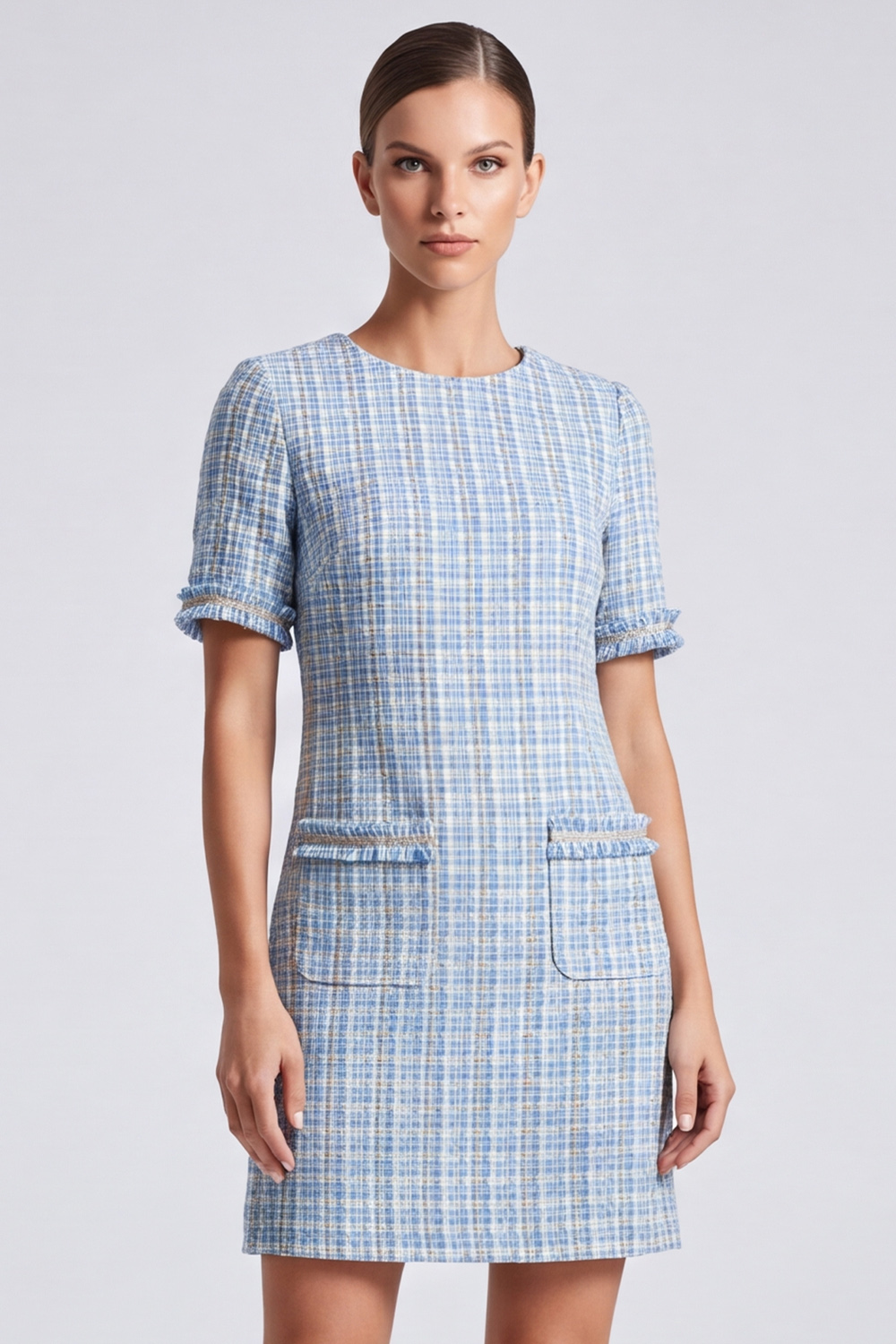 Tweed Sheath Light Blue Round Neck Short Sleeves Homecoming Outfits with Pockets