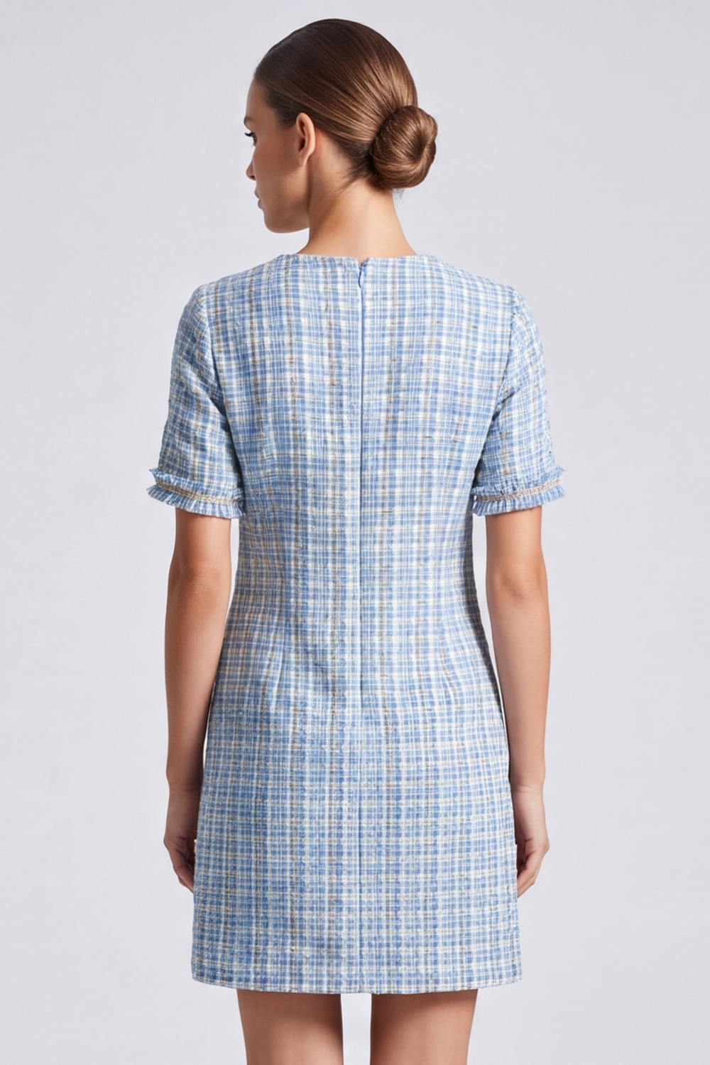 Tweed Sheath Light Blue Round Neck Short Sleeves Homecoming Outfits with Pockets