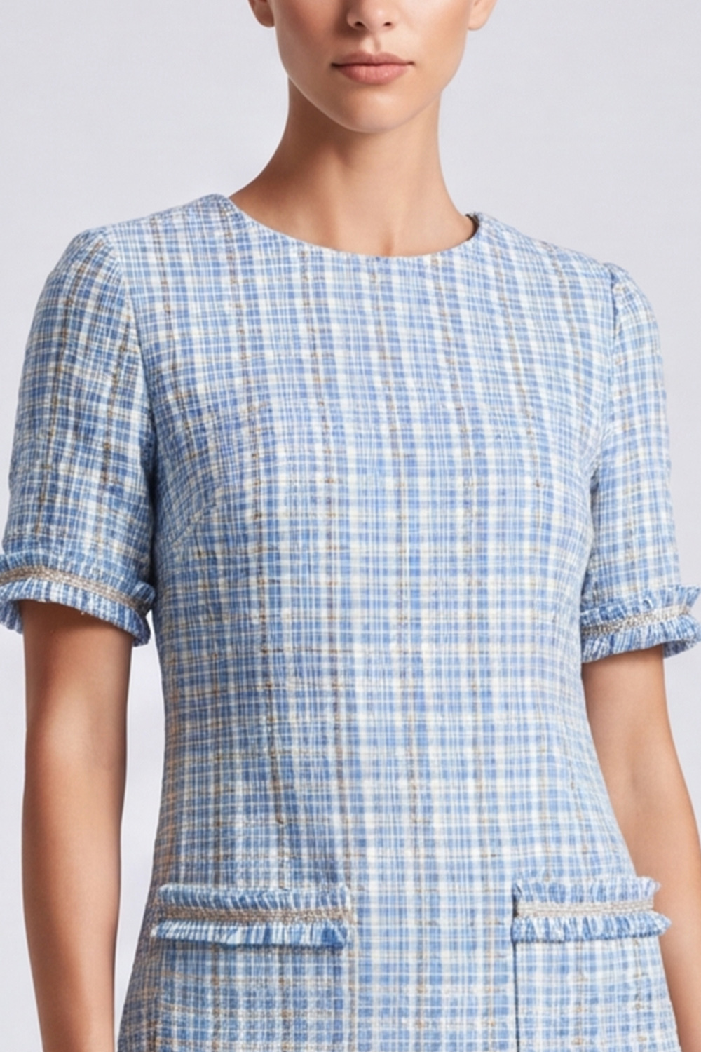 Tweed Sheath Light Blue Round Neck Short Sleeves Homecoming Outfits with Pockets