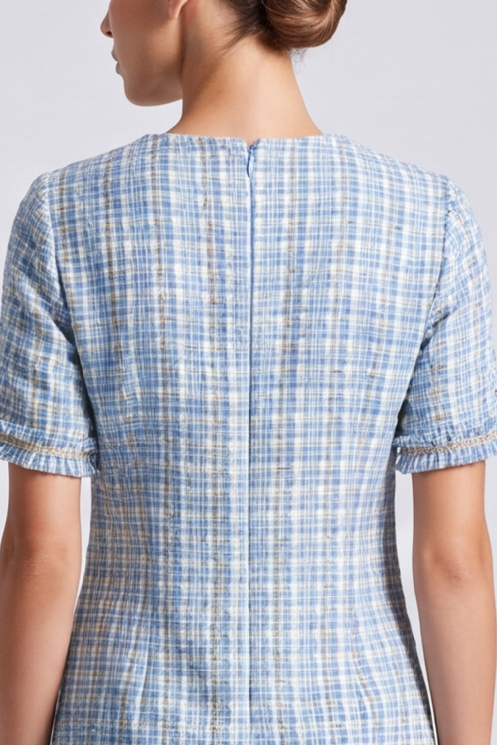 Tweed Sheath Light Blue Round Neck Short Sleeves Homecoming Outfits with Pockets