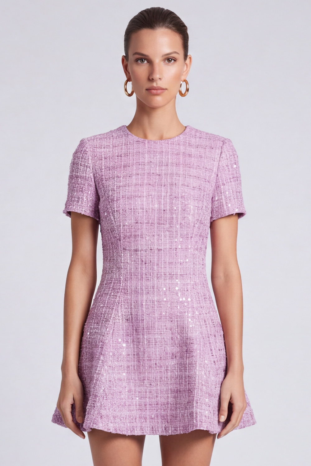A Line Lilac Tweed Round Neck Short Homecoming Outfits with Sleeves