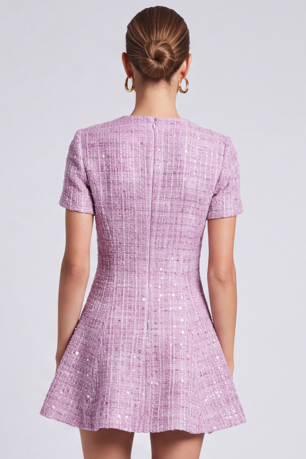 A Line Lilac Tweed Round Neck Short Homecoming Outfits with Sleeves