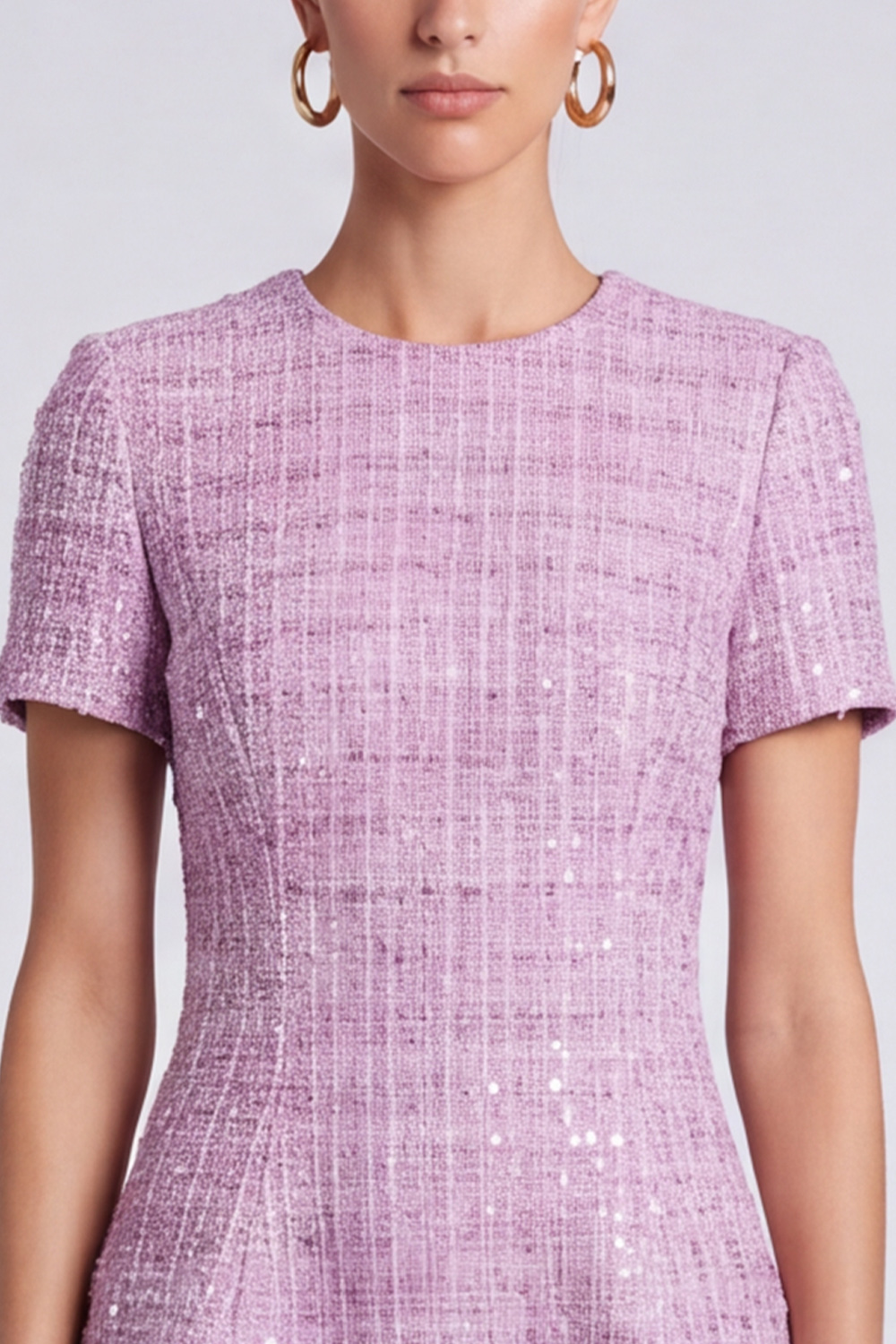 A Line Lilac Tweed Round Neck Short Homecoming Outfits with Sleeves