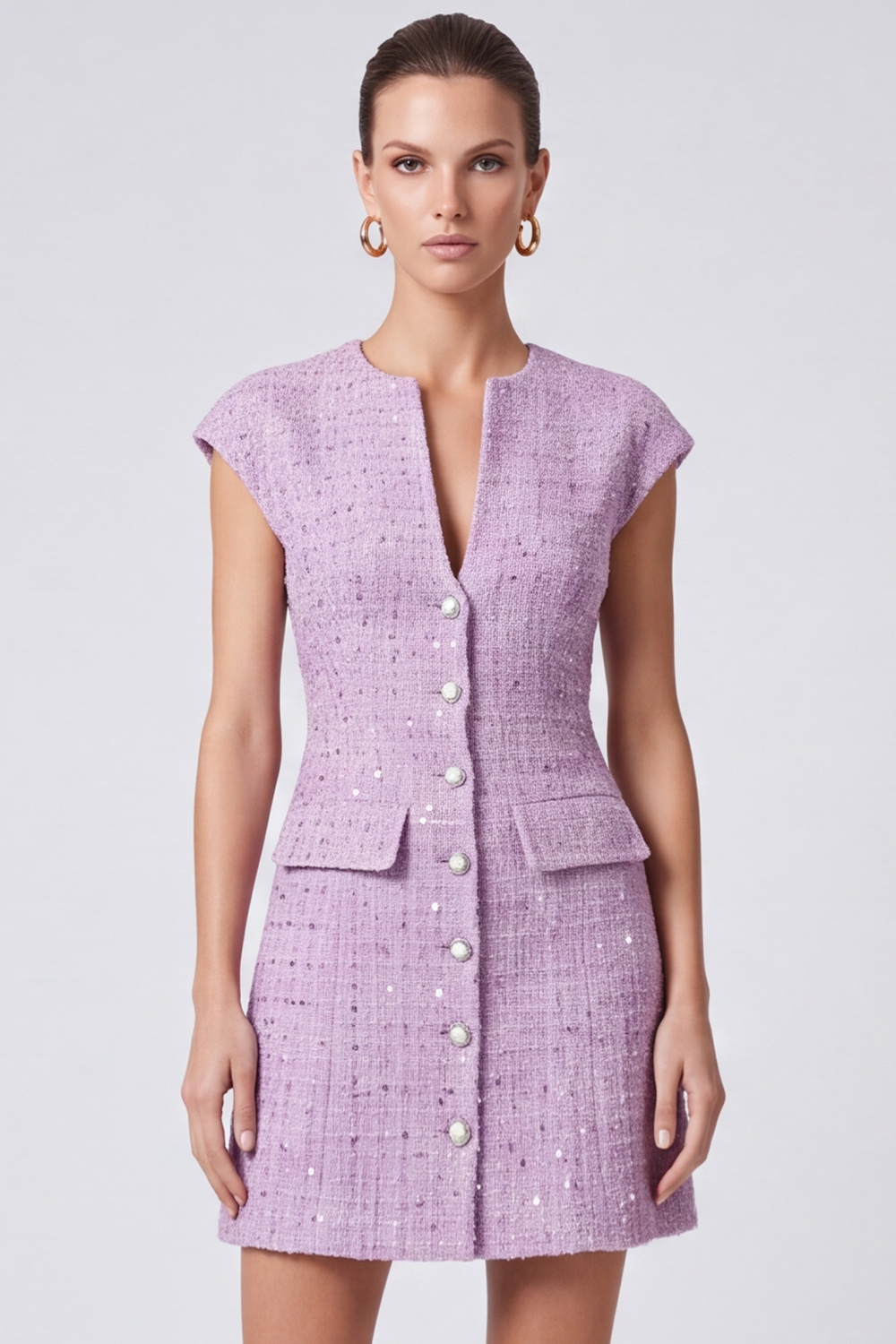 Tweed Lilac A Line V-Neck Cap Sleeves Short Homecoming Outfits