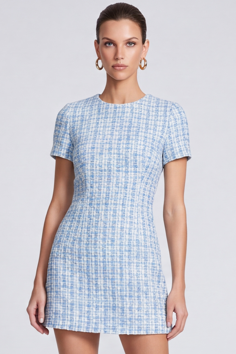 Tweed Light Blue A Line Round Neck Short Homecoming Outfits with Sleeves