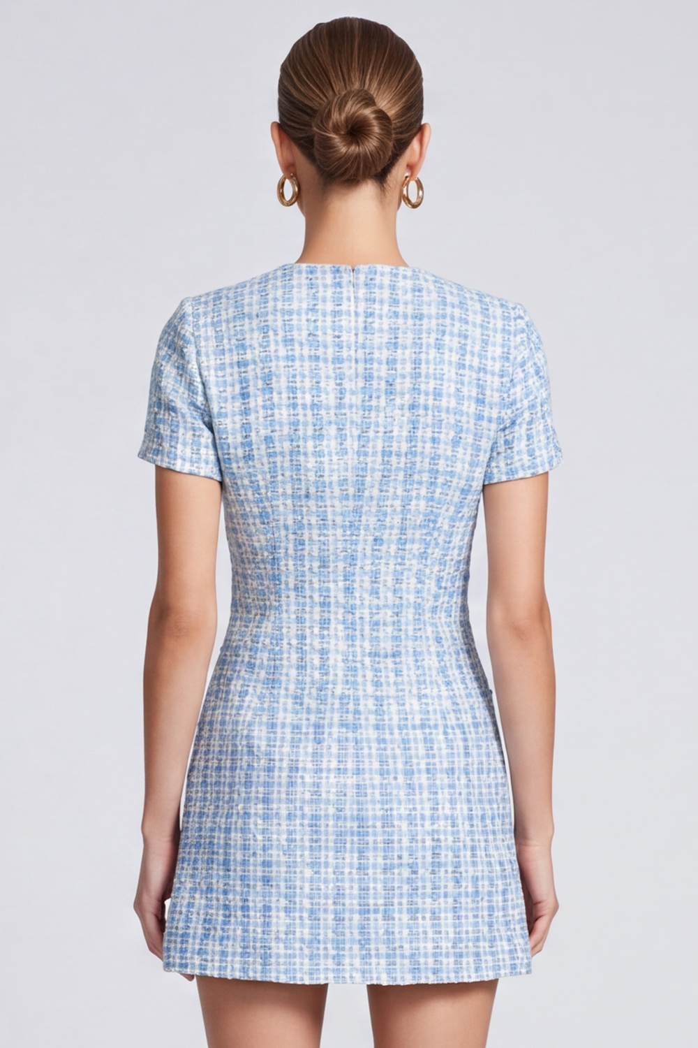 Tweed Light Blue A Line Round Neck Short Homecoming Outfits with Sleeves