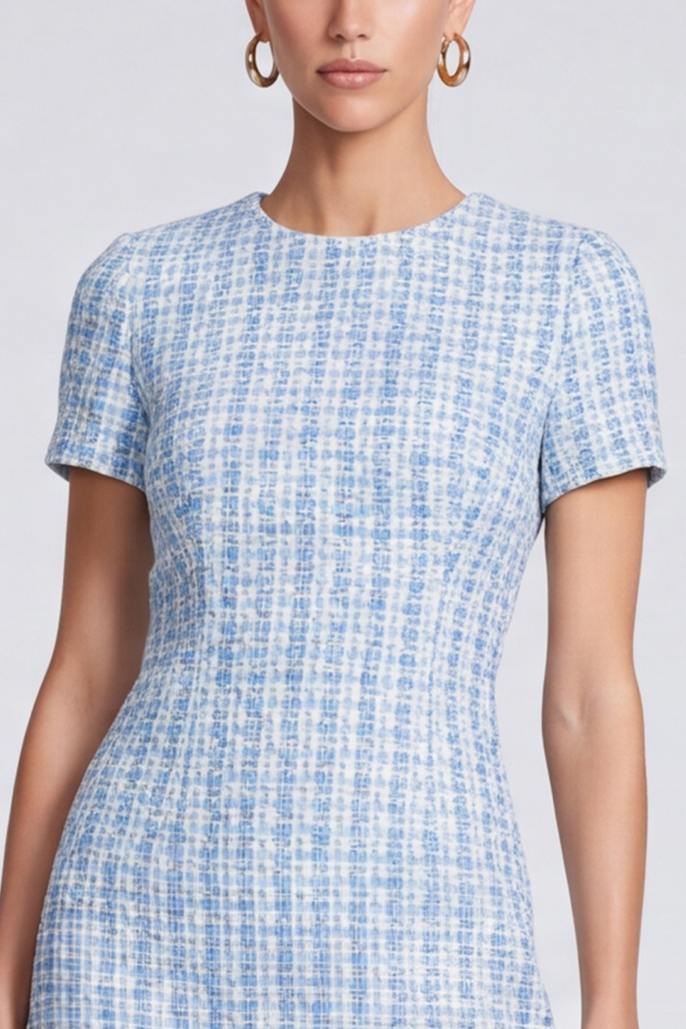 Tweed Light Blue A Line Round Neck Short Homecoming Outfits with Sleeves