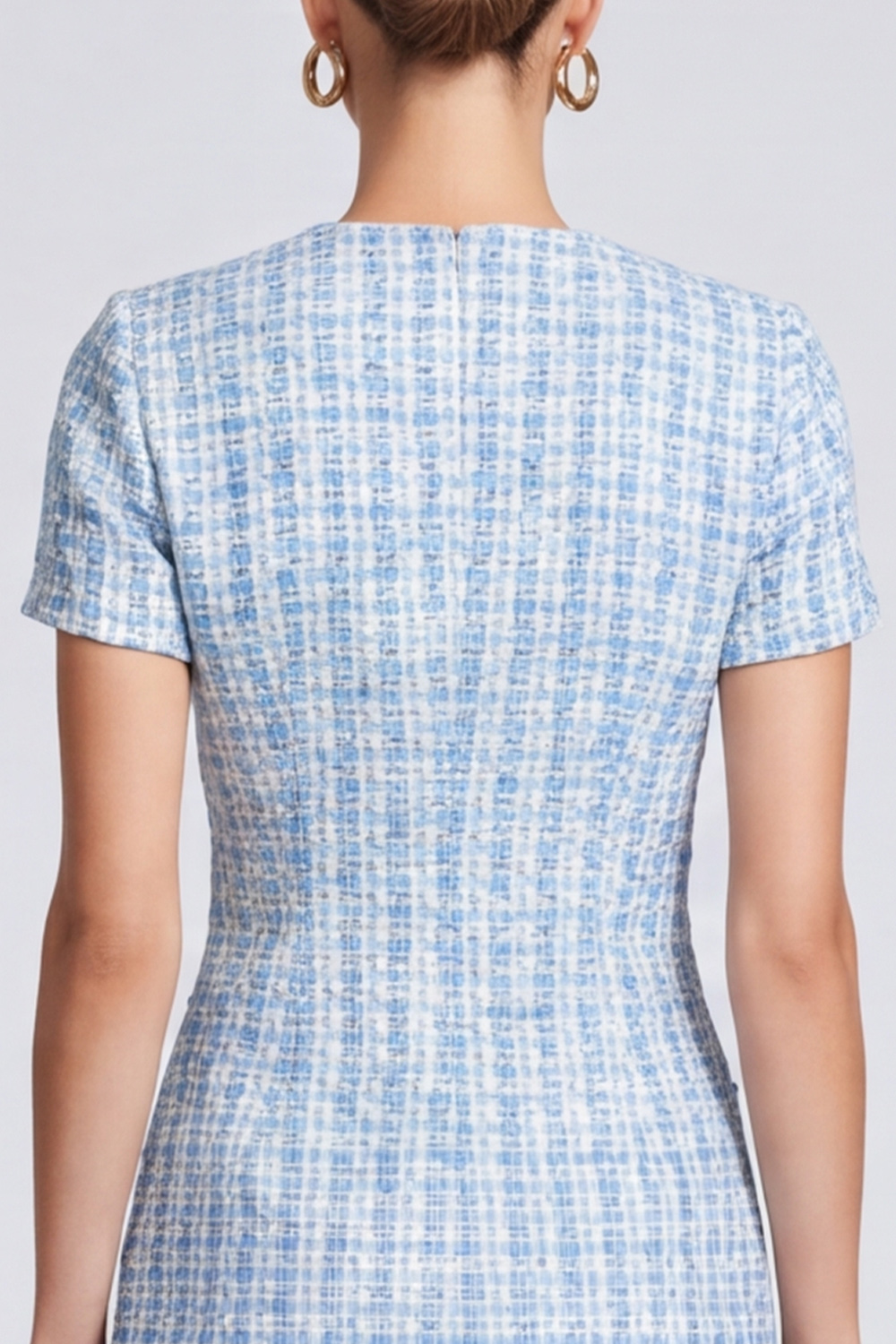 Tweed Light Blue A Line Round Neck Short Homecoming Outfits with Sleeves
