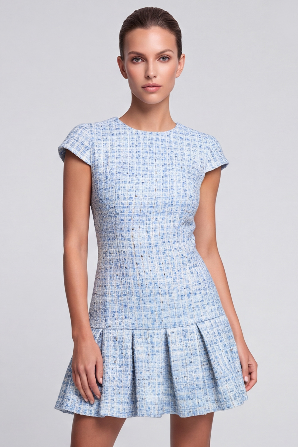 A Line Light Blue Tweed Round Neck Cap sleeves Short Homecoming Outfits 