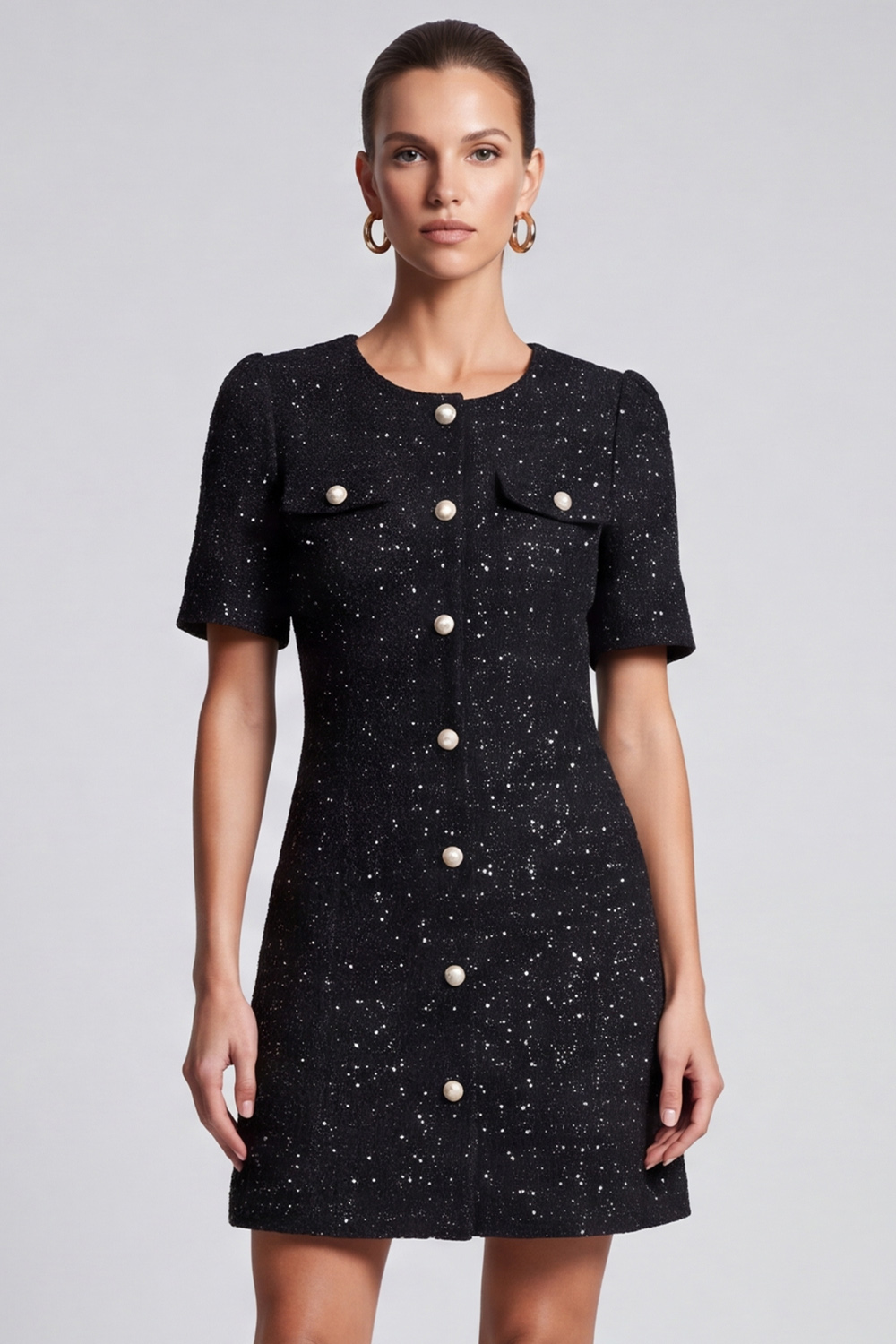 A Line Black Tweed Round Neck Short Homecoming Outfits with Sleeves 