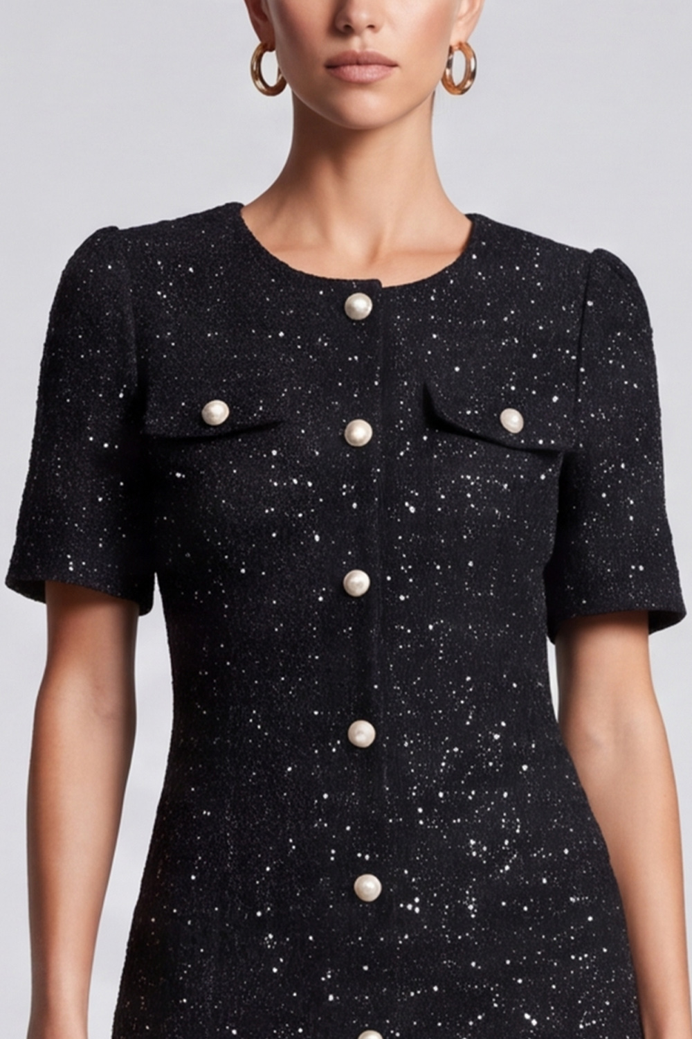 A Line Black Tweed Round Neck Short Homecoming Outfits with Sleeves 