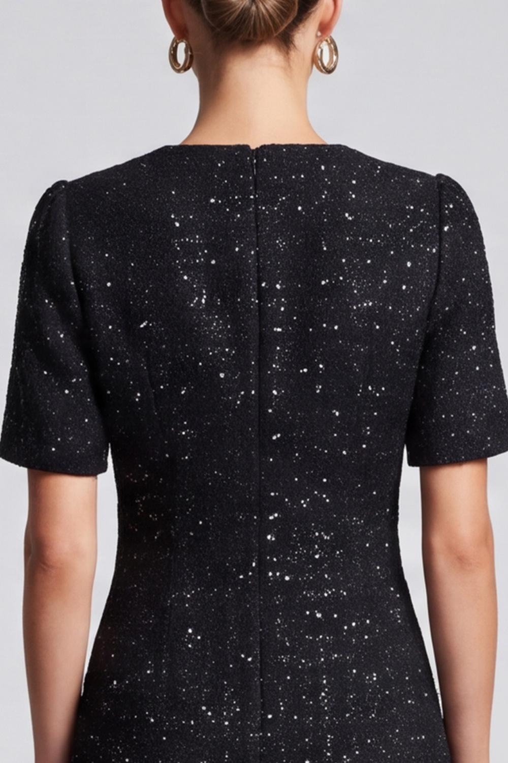 A Line Black Tweed Round Neck Short Homecoming Outfits with Sleeves 
