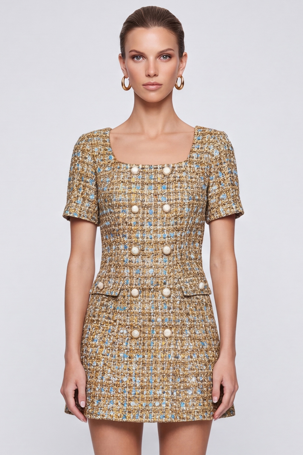 A Line Champagne Square Neck Short Sleeves Homecoming Outfit