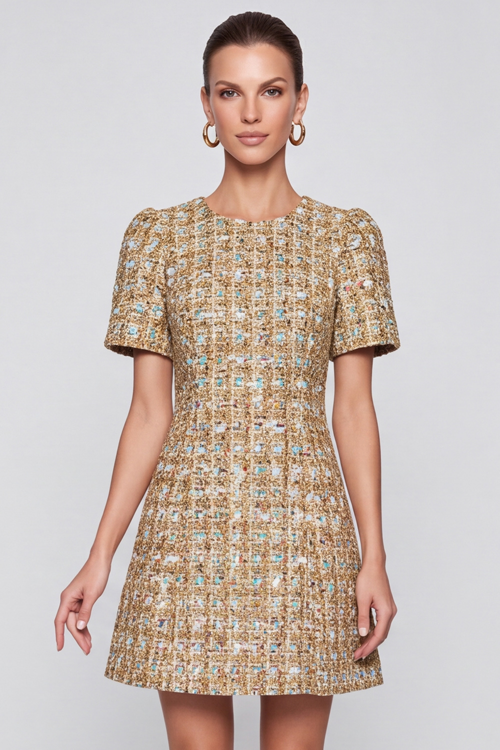 Champagne Tweed A Line Round Neck Short Sleeves Homecoming Outfits 