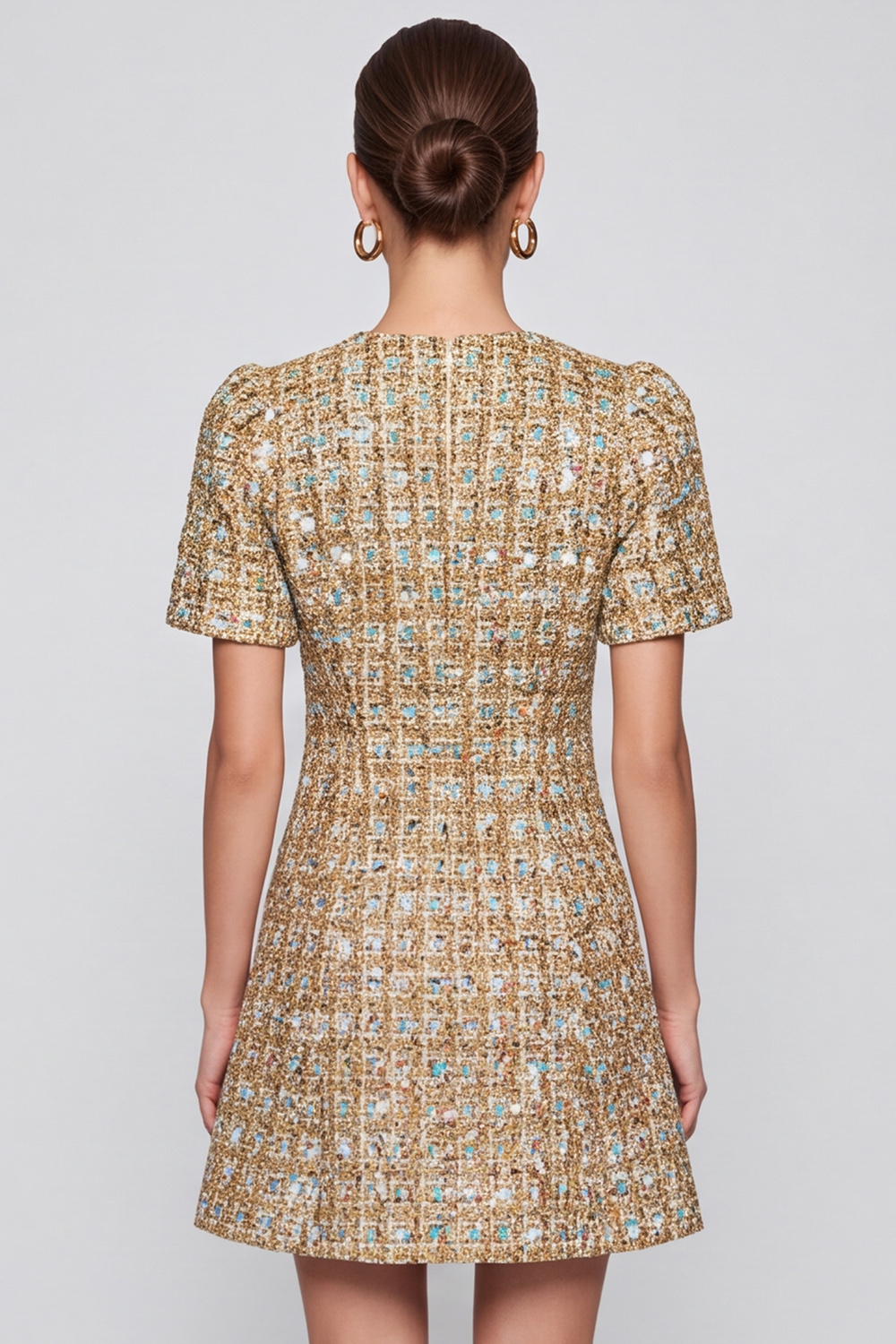 Champagne Tweed A Line Round Neck Short Sleeves Homecoming Outfits 