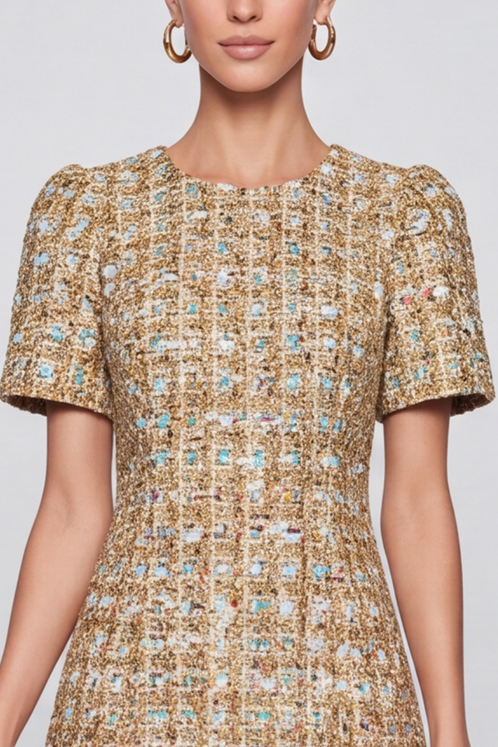 Champagne Tweed A Line Round Neck Short Sleeves Homecoming Outfits 