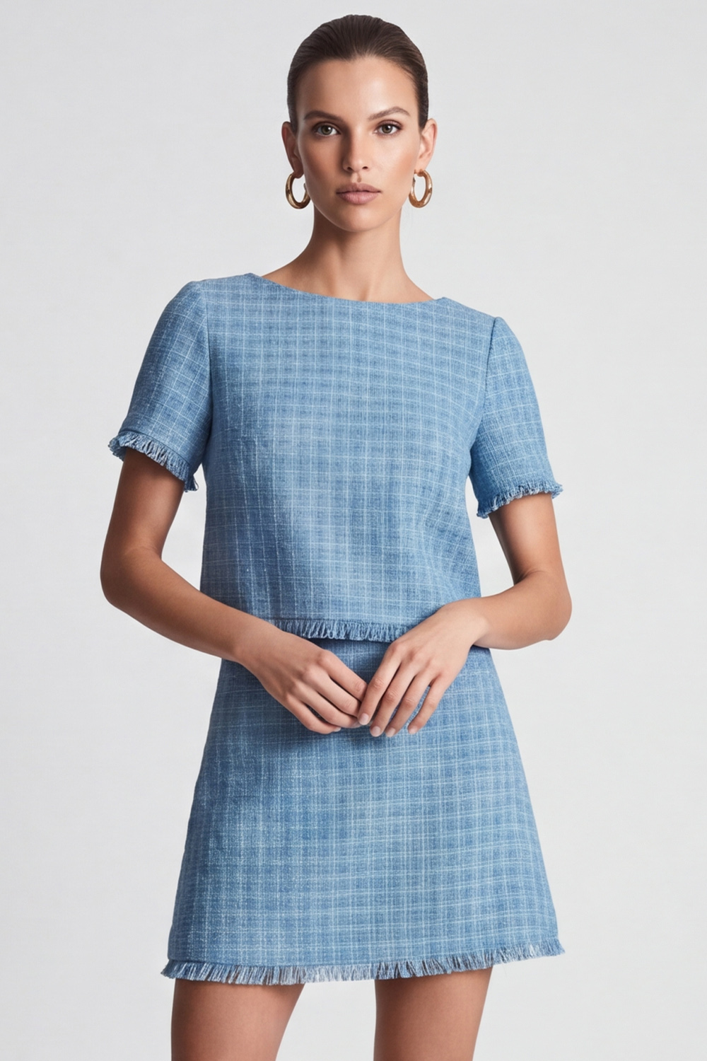 A Line Blue Boat Neck Short Sleeves Homecoming Outfits with Fringes