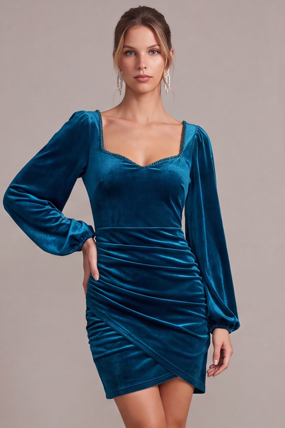 Peacock Blue Velvet Bodycon Ruched Short Holiday Dress with Beading