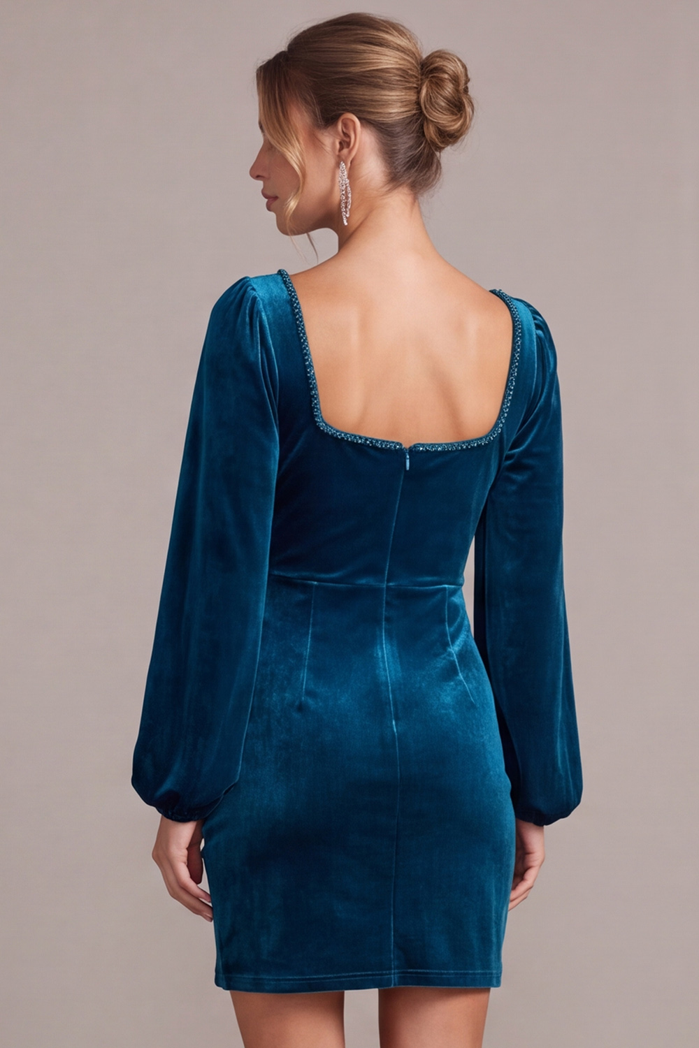 Peacock Blue Velvet Bodycon Ruched Short Holiday Dress with Beading