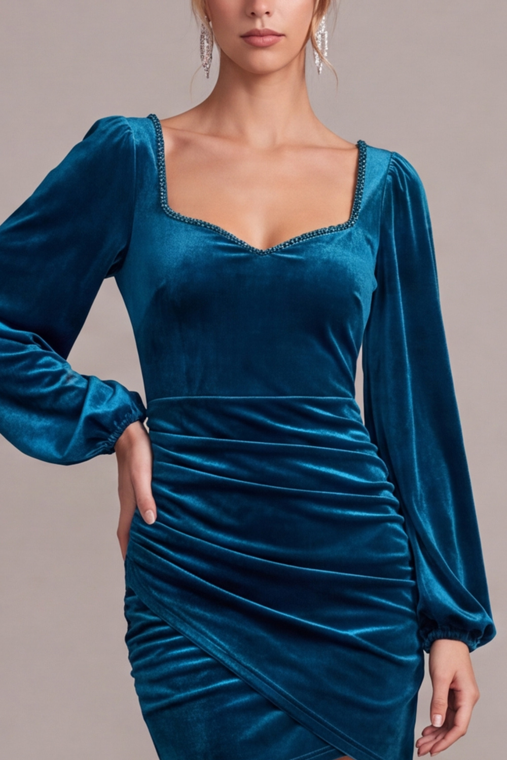 Peacock Blue Velvet Bodycon Ruched Short Holiday Dress with Beading