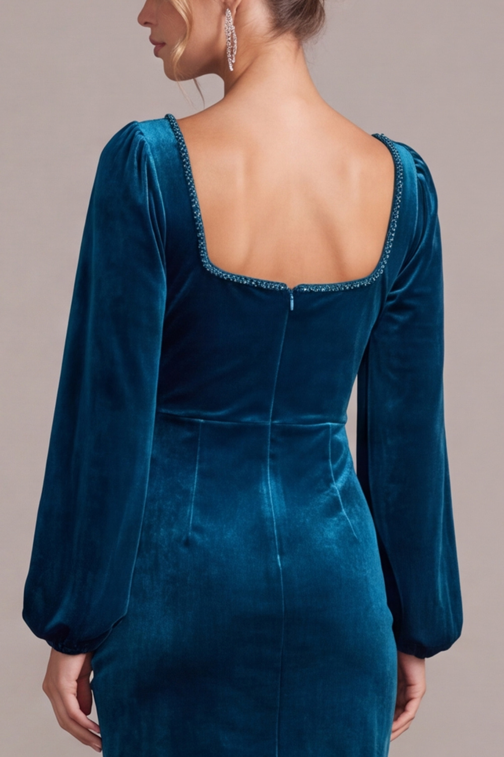Peacock Blue Velvet Bodycon Ruched Short Holiday Dress with Beading