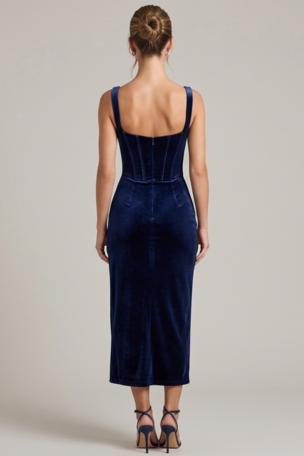 Navy Velvet Corset Sheath Square Neck Midi Holiday Dress with Slit