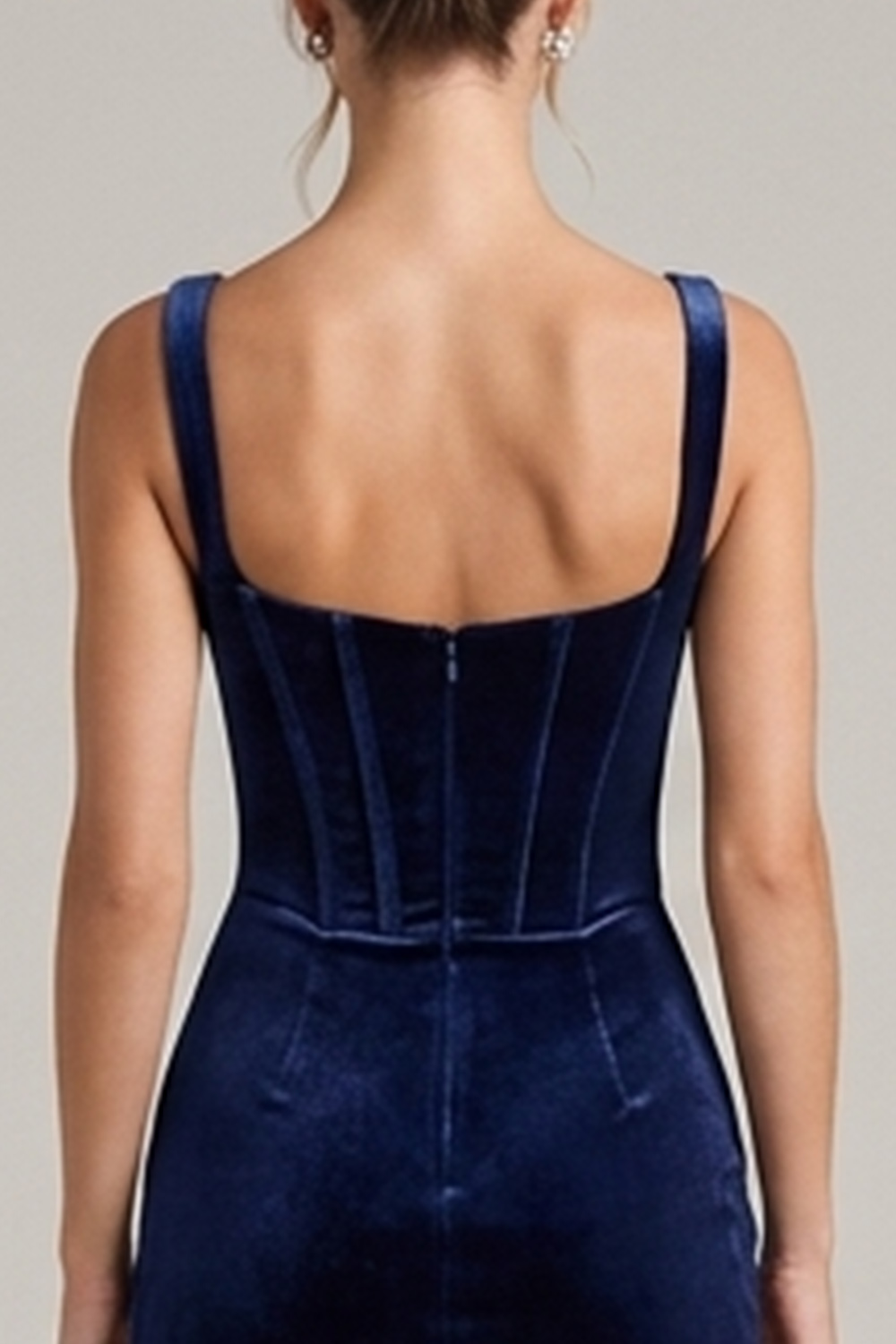 Navy Velvet Corset Sheath Square Neck Midi Holiday Dress with Slit