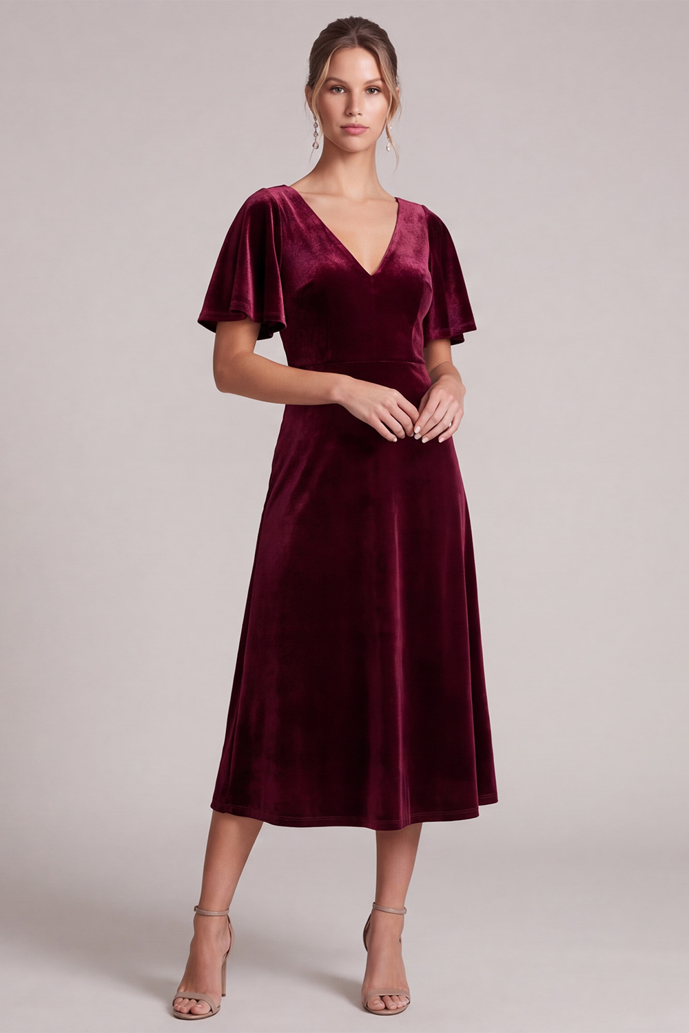 A Line Burgundy V-Neck Flutter Sleeves Midi Wedding Guest Dress