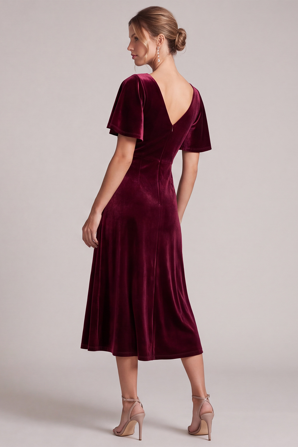 A Line Burgundy V-Neck Flutter Sleeves Midi Wedding Guest Dress