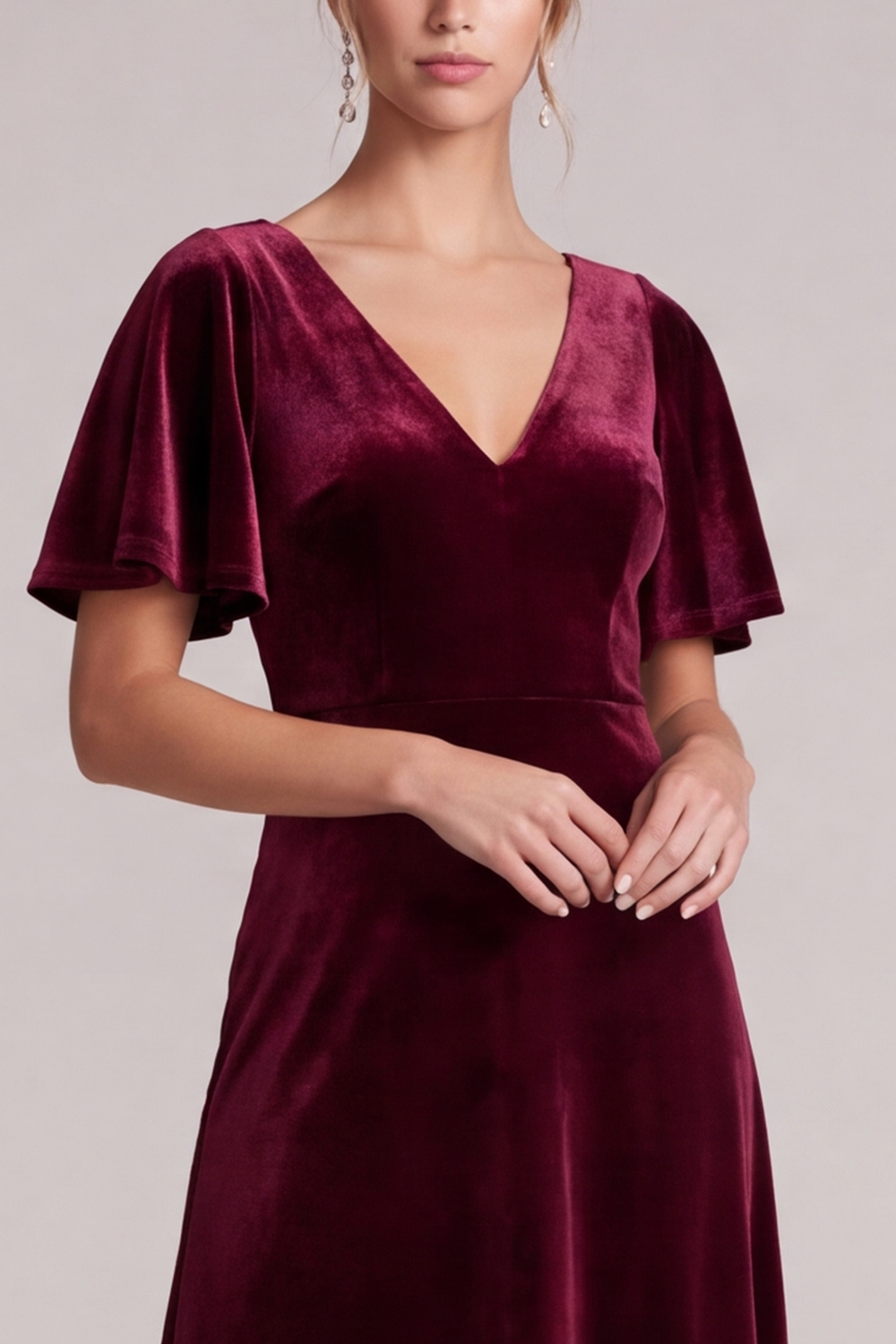 A Line Burgundy V-Neck Flutter Sleeves Midi Wedding Guest Dress