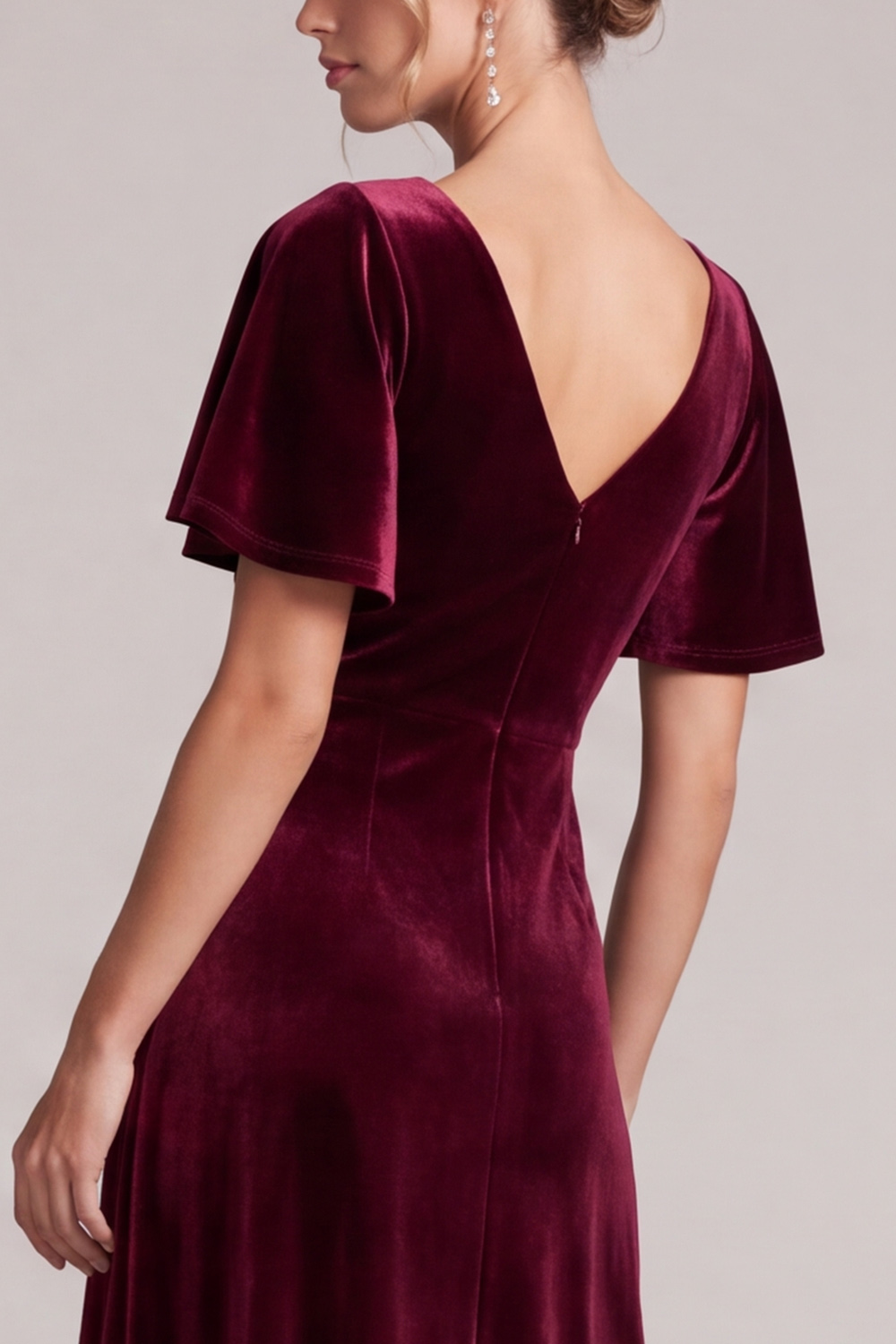 A Line Burgundy V-Neck Flutter Sleeves Midi Wedding Guest Dress