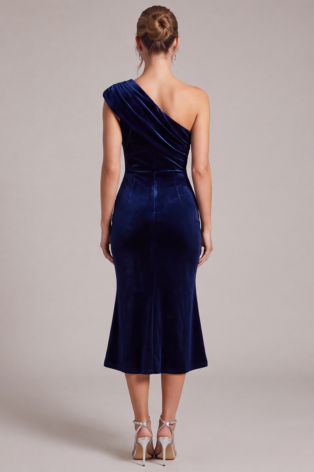 Navy Velvet One Shoulder Mermaid Midi Holiday Dress