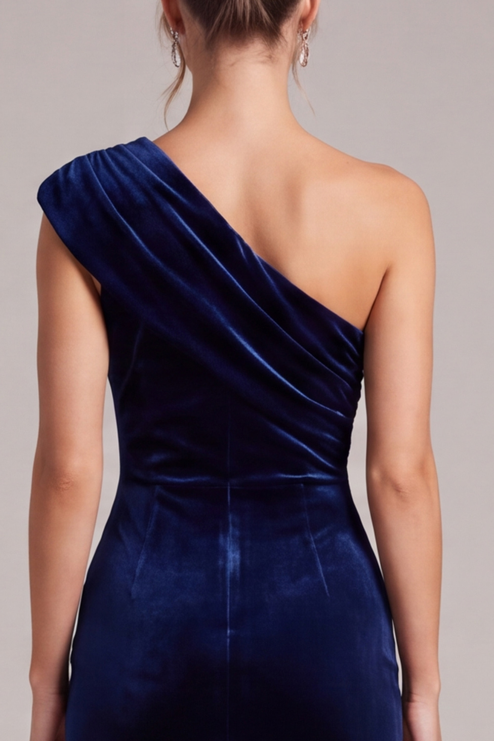 Navy Velvet One Shoulder Mermaid Midi Holiday Dress