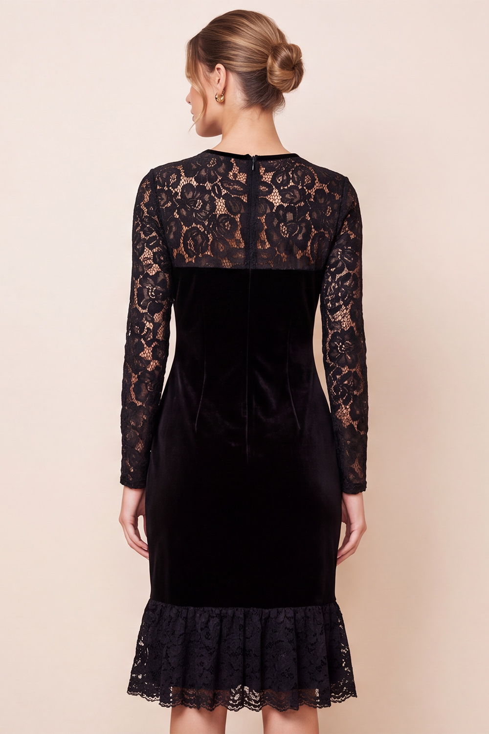 Black Velvet Ruffled Round Neck Bodycon Long Sleeves Midi Wedding Guest Dress with Lace